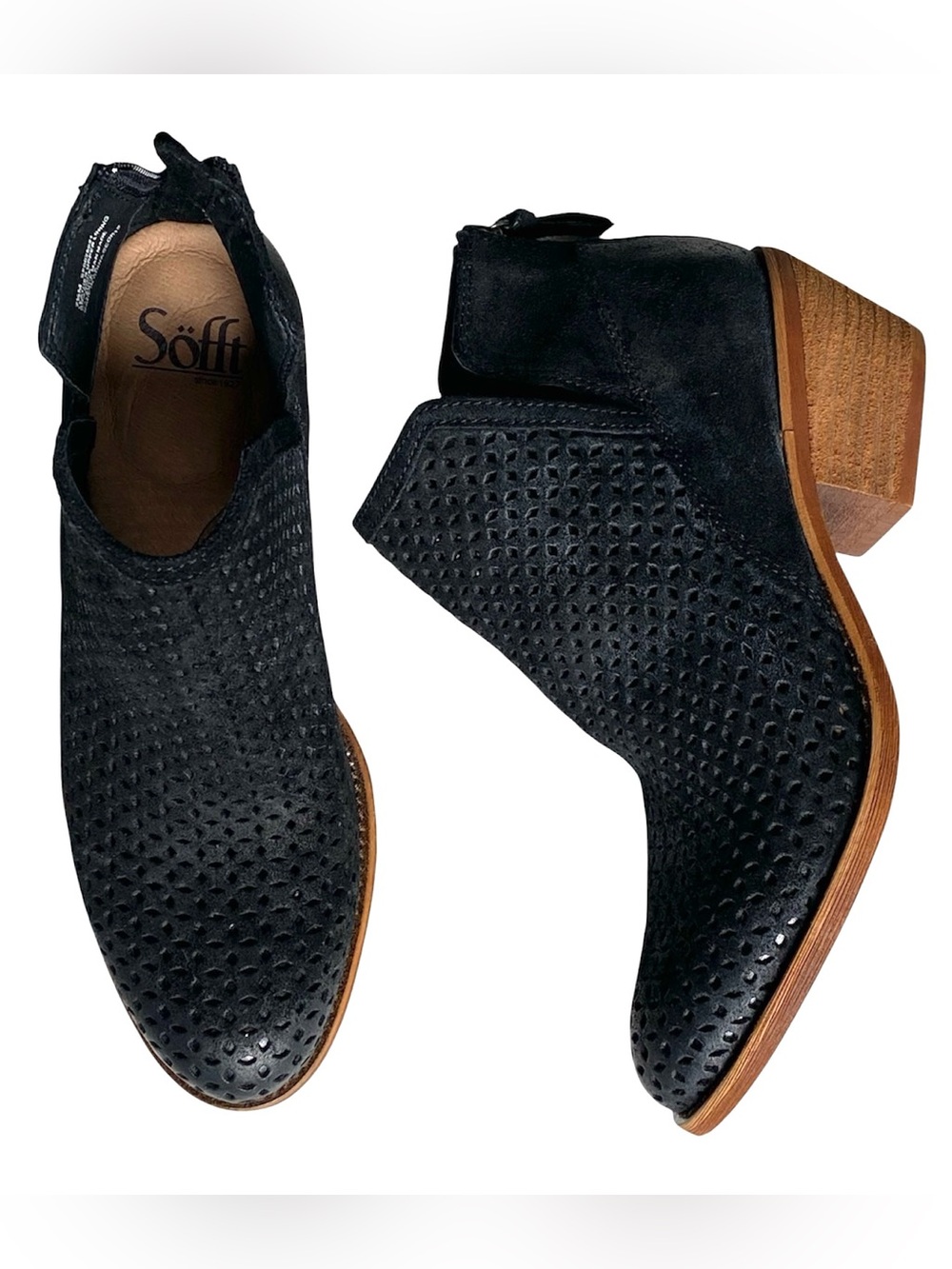 NEW Söfft Black Leather Perforated Cutout Ankle Booties Block Heel Size 7.5 - Picture 5 of 12